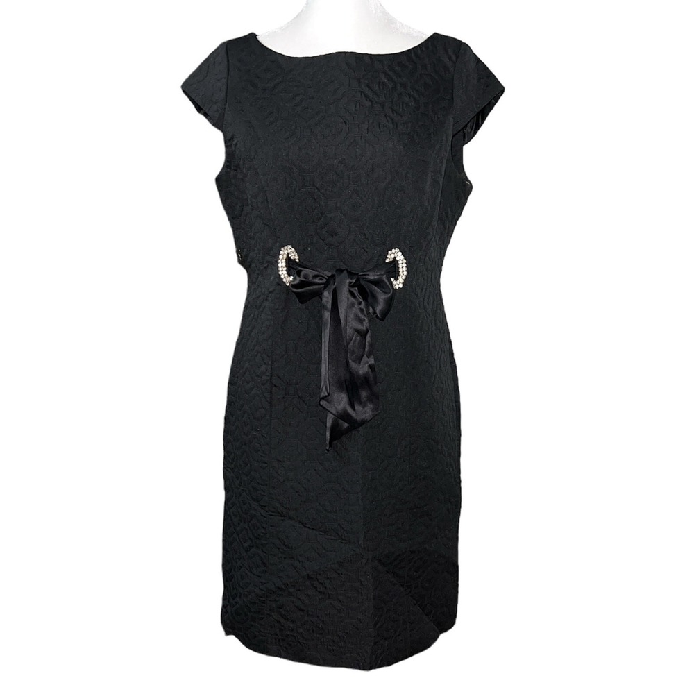 Taylor Sheath Dress Womens 6 Black Jacquard Rhinestone Bow Cocktail Evening
